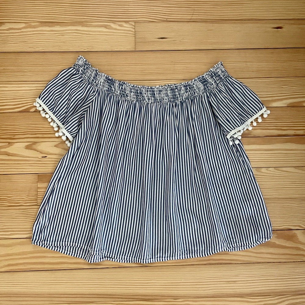 Blue/White Striped Off-the-Shoulder Top with Pom Poms
